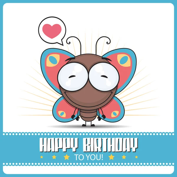 Grappige Happy Birthday wenskaart met cartoon Butterfly alfanu — Stockvector