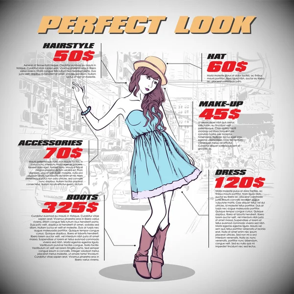 Infografía de moda con modelo y texto. Colección vectorial . — Vector de stock