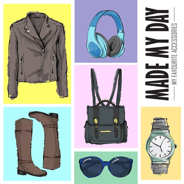 Maakte mijn dag. Set van mode-accessoires. Schets stijl. Vector co — Stockvector