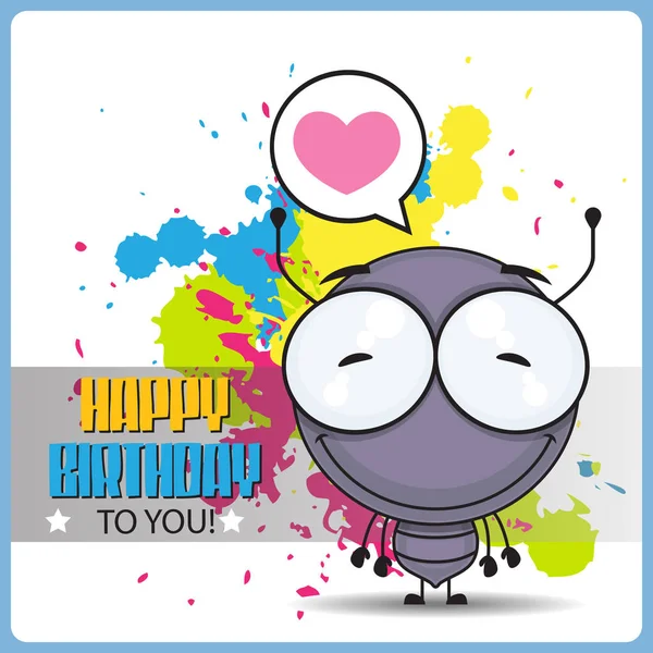 Grappige Happy Birthday wenskaart met cartoon ant karakter. — Stockvector