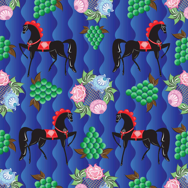 Seamless vector background with folk Russian patterns is computer graphics and can be used in the design of textiles, in the printing industry, in a variety of design projects