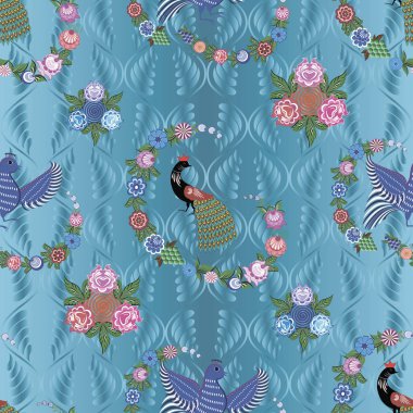 Folk Rus modellerine sahip kusursuz vektör arkaplanı bilgisayar grafikleridir ve çeşitli tasarım projelerinde tekstil tasarımında kullanılabilir.