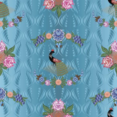 Folk Rus modellerine sahip kusursuz vektör arkaplanı bilgisayar grafikleridir ve çeşitli tasarım projelerinde tekstil tasarımında kullanılabilir.