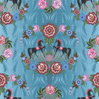 Folk Rus modellerine sahip kusursuz vektör arkaplanı bilgisayar grafikleridir ve çeşitli tasarım projelerinde tekstil tasarımında kullanılabilir.