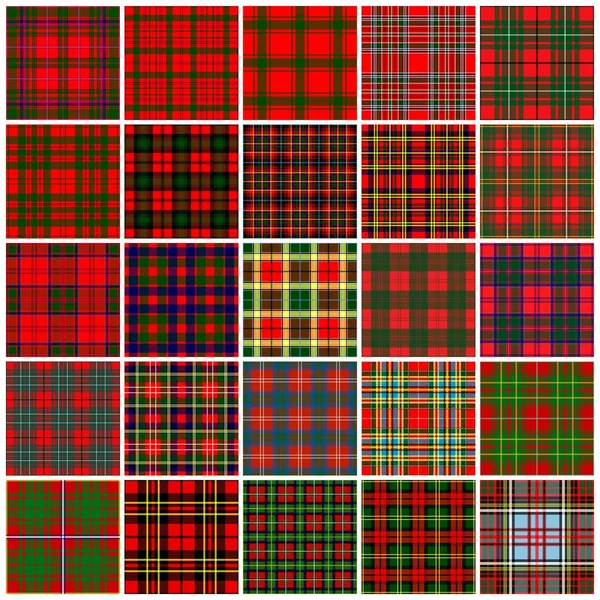 25 tartans, çoğunlukla kırmızı ve yeşil set ... p için Tartan taklidi — Stok Vektör