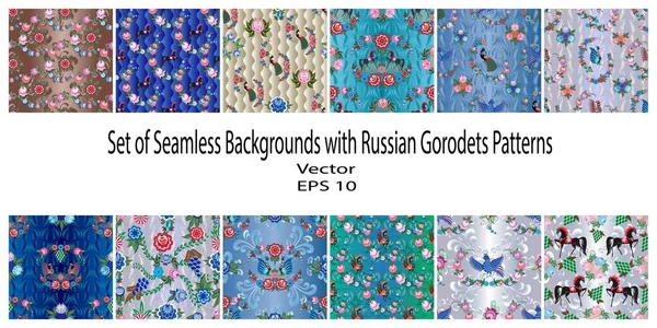 Set of Seamless Backgrounds with Russian Gorodets Patterns — Stock Vector