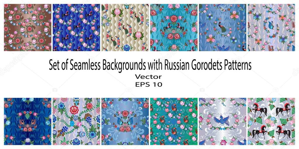 Set of Seamless Backgrounds with Russian Gorodets Patterns