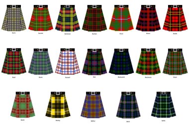 Images of kilts or skirts from different clan tartans. Simplifie clipart