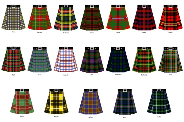 Images of kilts or skirts from different clan tartans. Simplifie — Stock Vector