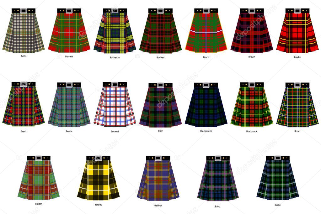 Images of kilts or skirts from different clan tartans. Simplifie