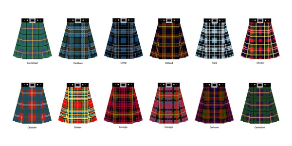 Imágenes de kilts o faldas de diferentes clanes tartanes. Simplificar — Vector de stock