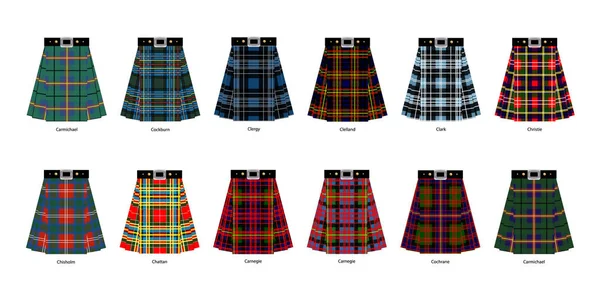 Imagens de kilts ou saias de diferentes clãs tártaros. Simplifie —  Vetores de Stock