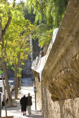 Olgun çift sokakta yürürken