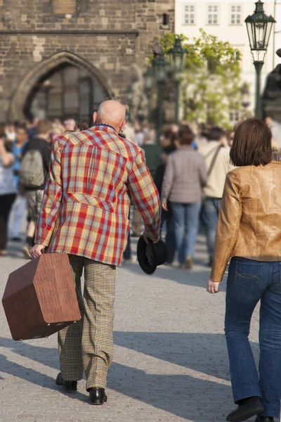 Uomo Anziano Con Una Giacca Scacchi Luminosa Una Fisarmonica Caso — Foto Stock