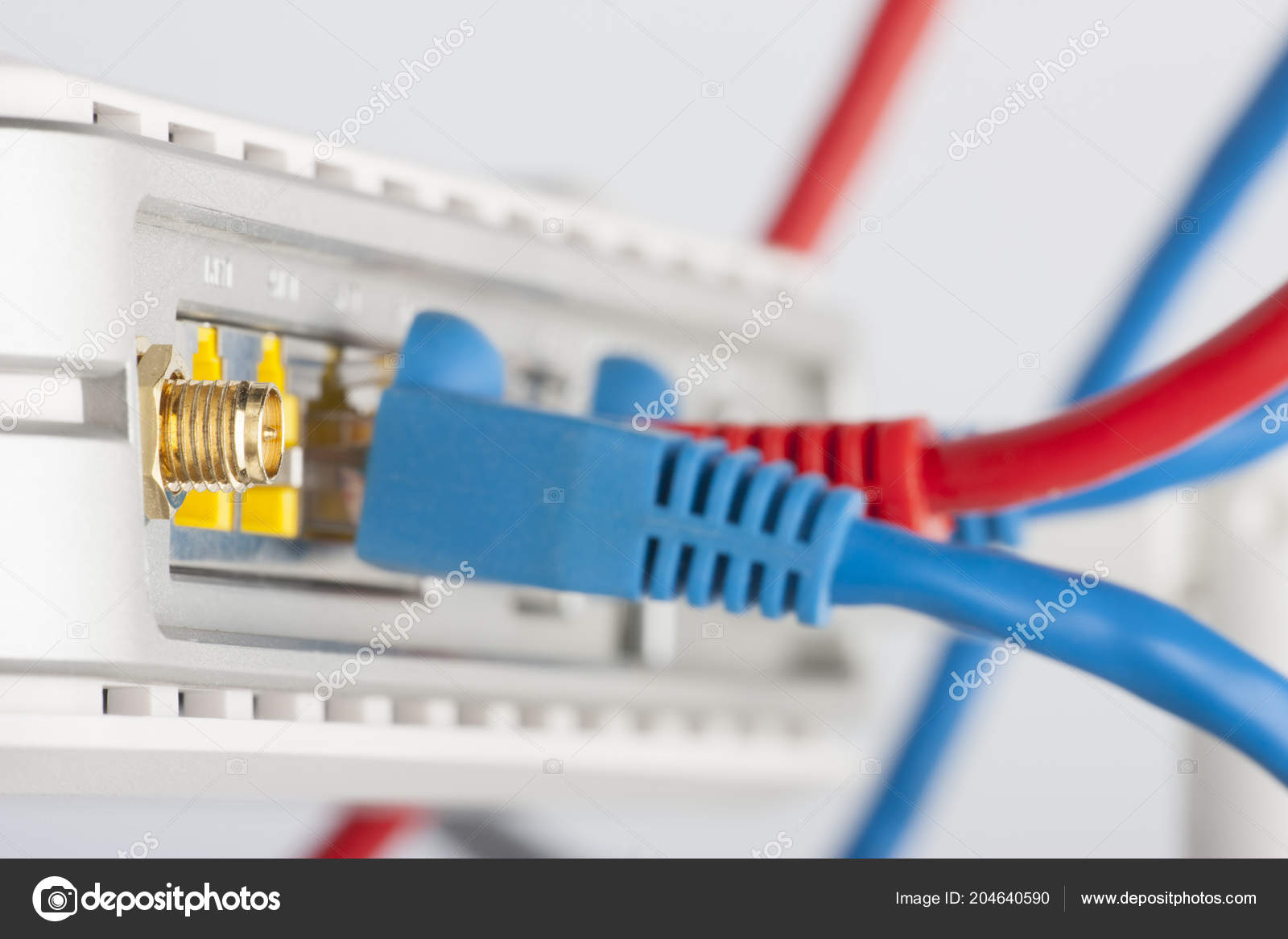 Modem Router Network Hub Cable Connecting Bright Blue Red Cables — Stock Photo