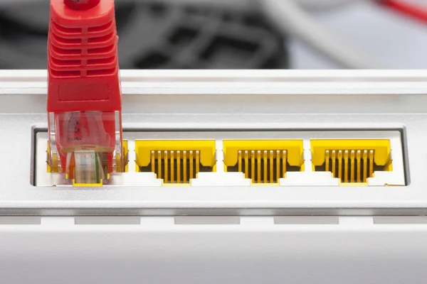 Modem router network hub with cable connecting. Bright blue and red cables and connectors.