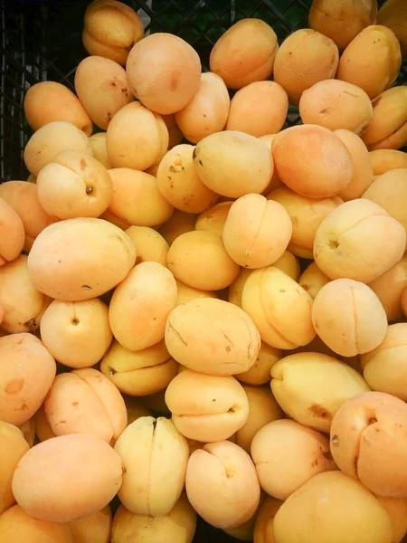 Raccolta Albicocche Vista Dall Alto Frutta Nella Vetrina Del Supermercato — Foto Stock