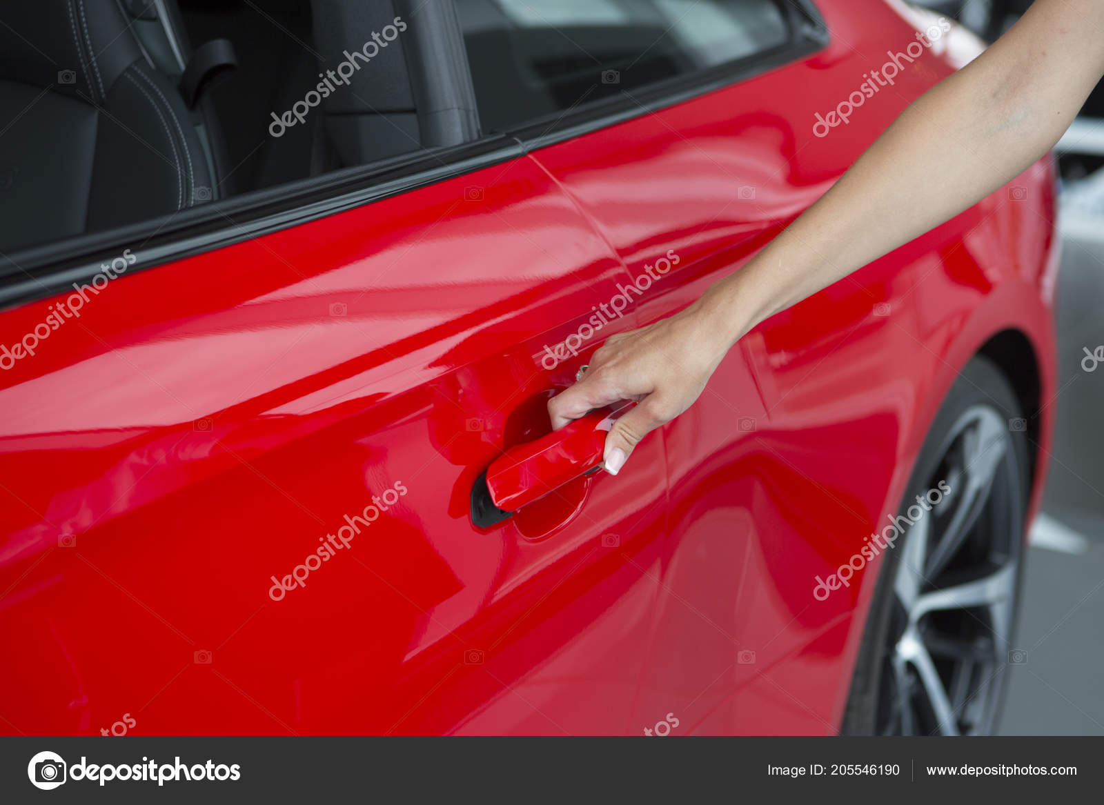 Woman Hand Open New Red Car Door Background Close Stock Photo