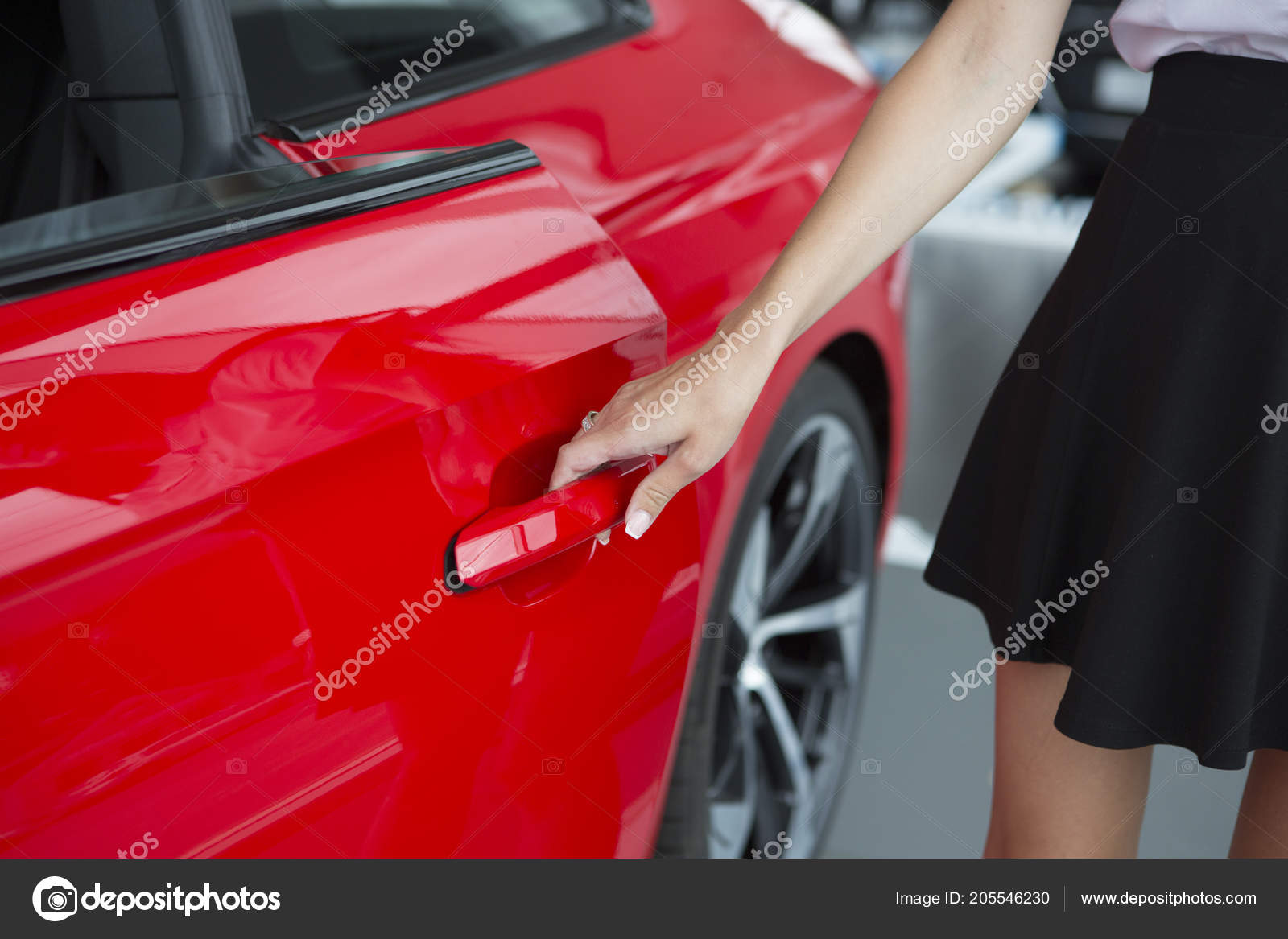 Woman Hand Open New Red Car Door Background Close Stock Photo