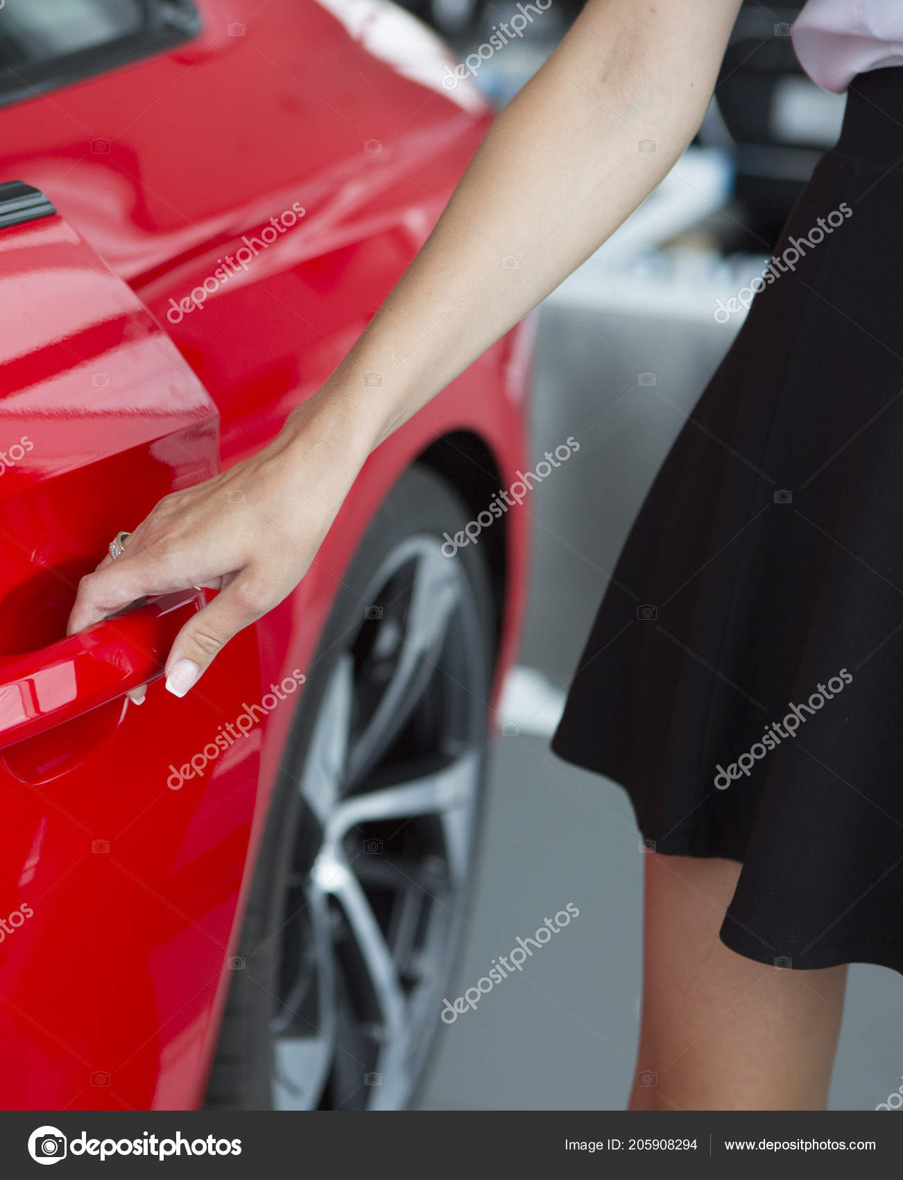 Woman Hand Open New Red Car Door Background Close Stock Photo