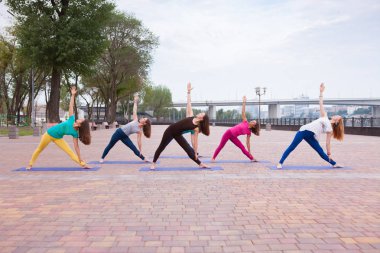 Park ortak eğitimler yoga öğretmenler kadının Parivrtta Trikonasana poz yapması için yoga pratik kadın grubu