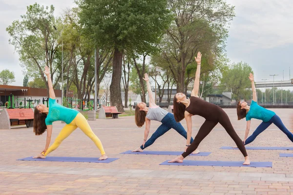 Group of women practicing yoga in park Joint trainings for yoga teachers woman doing Parivrtta Trikonasana pose