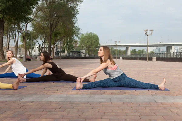 公園共同研修 Upavistakonasana ポーズを行うヨガ教師女性のためのヨガの練習の女性のグループ — ストック写真