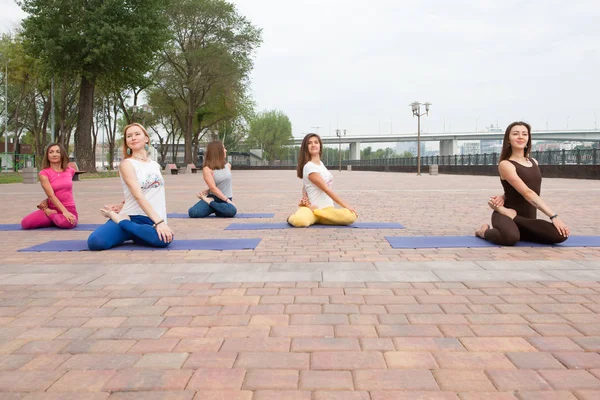 Group of women practicing yoga in park Joint trainings for yoga teachers