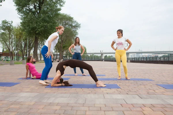 Group of women practicing yoga in park Joint trainings for yoga teachers
