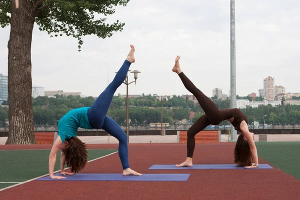 Schöne Frau Die Vriksasana Pose Auf Yoga Klasse Gruppe Von — Stockfoto