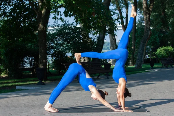 Dos Hermosas Mujeres Jóvenes Practicando Yoga Las Clases Imparten Parque —  Fotos de Stock