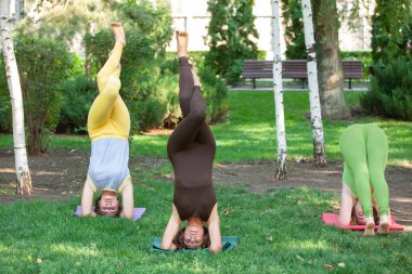 Yoga açık pratik. Ağaçlar, dağlar ve içinde belgili tanımlık geçmiş sun ray ile Yoga uygulamak