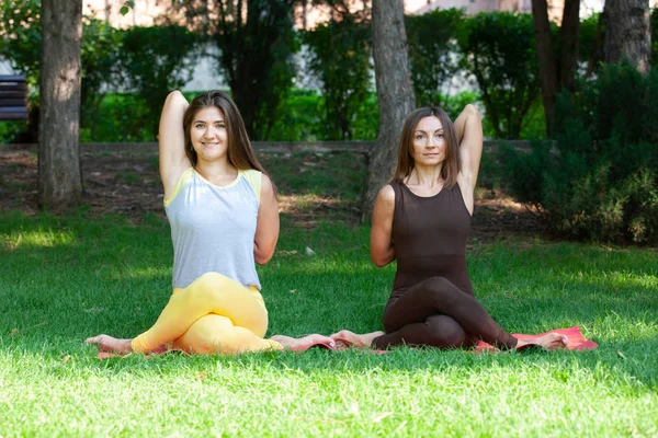 Parkta Meditasyon Yoga Kadın Yeşil Çim Mutlu Kadın Yoga Egzersizleri — Stok fotoğraf