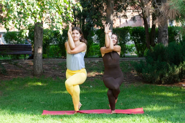 Yoga Frau Auf Grünem Gras Glückliche Frau Macht Yoga Übungen — Stockfoto