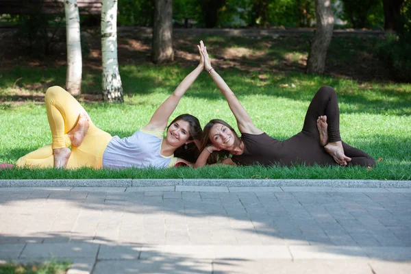 Женщины Занимаются Йогой Открытом Воздухе Парке Практика Йоги Открытом Воздухе — стоковое фото