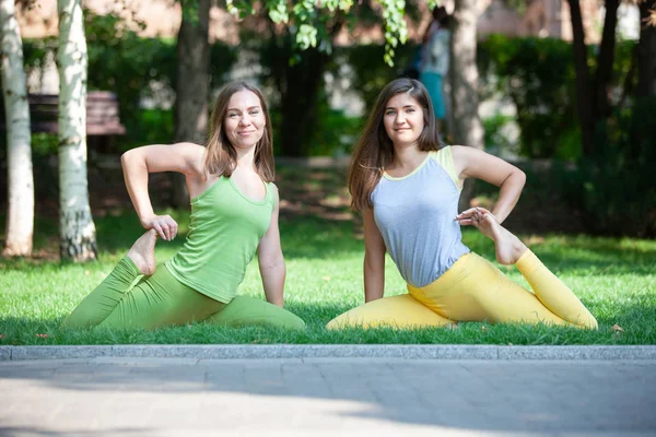 Женщины Занимаются Йогой Открытом Воздухе Парке Практика Йоги Открытом Воздухе — стоковое фото