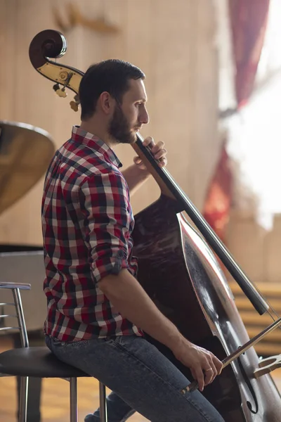 Double bass player playing contrabass Portrait
