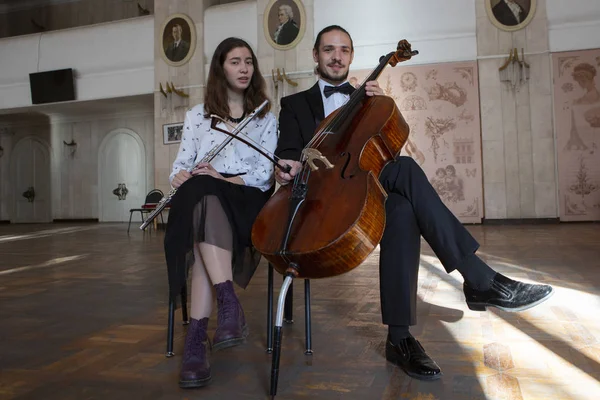 Duo Classical Musicians Cello Flute Genre Portrait — Stock Photo, Image