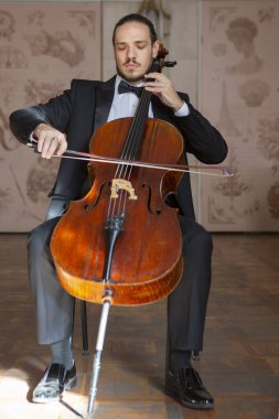 Çello çalan bir genç adam. Yakın çekim çellist portresi