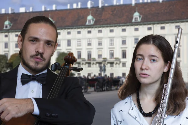 Symfoniorkester Scenen Cello Och Flöjt Utför Genre Porträtt — Stockfoto