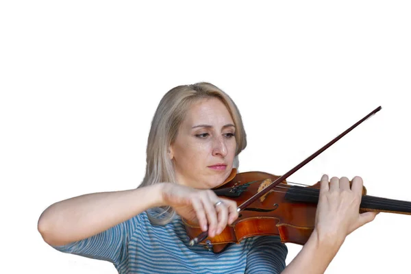 Vacker Blond Flicka Svart Klänning Med Röda Läppar Spelar Violin — Stockfoto