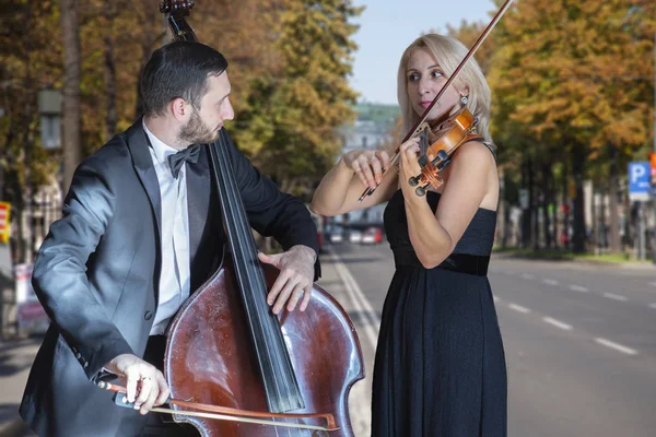 Musikerna Spelar Violin Och Kontrabas Begränsat Skärpedjup — Stockfoto