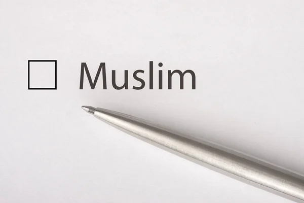 Muzułmanie Pole Wyboru Krzyżem Białej Księgi Metalowy Długopis Lista Kontrolna — Zdjęcie stockowe
