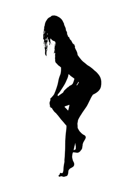 一个年轻的高加索妇女坐在酒吧孤立的黑色剪影阴影在白色背景特写镜头 — 图库照片