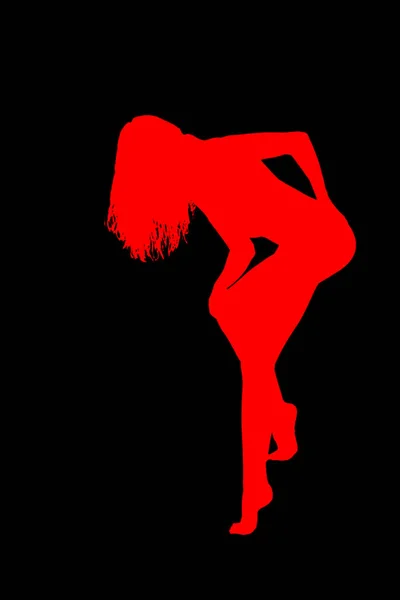 一位年轻的高加索妇女坐在酒吧隔离红色剪影阴影在白色背景特写 — 图库照片