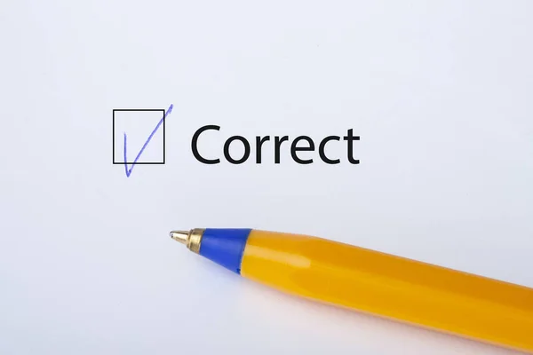 Correct Checkbox Tick White Paper Yellow Pen Checklist Concept Close — Φωτογραφία Αρχείου