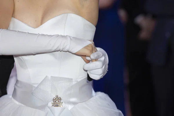 Wedding Theme Holding Hands Newlyweds White Gloves Close — Stock Photo, Image