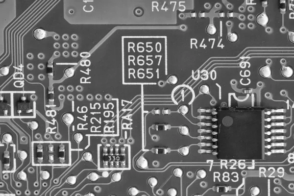 Electronic Circuit Board Close Limited Depth Field Black White Image — Stock Photo, Image