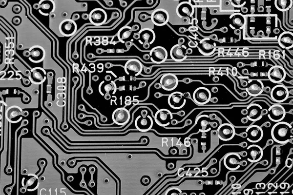 Printed Circuit Board Close Background Microchips Other Components Small Depth — Stock Photo, Image