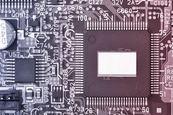 Nahaufnahme Der Elektronischen Leiterplatte Mit Prozessor Mikrochips Und Anderen Komponenten — Stockfoto
